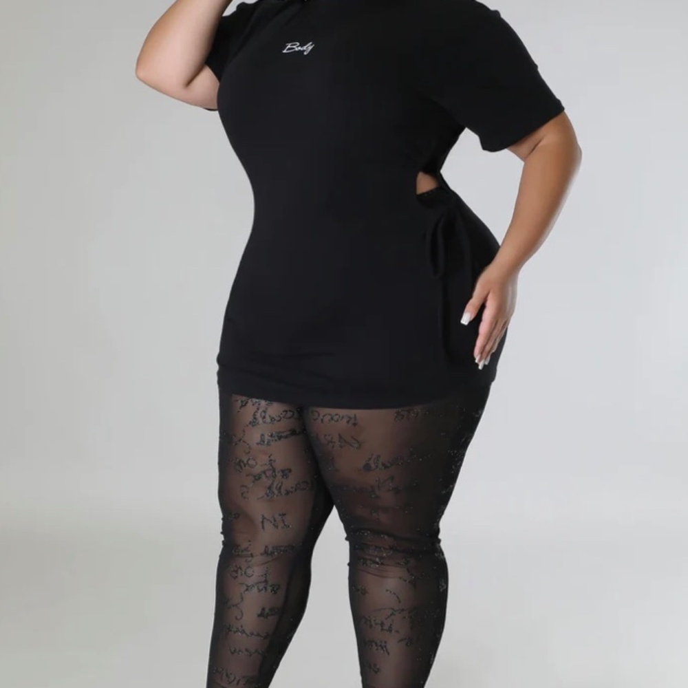 Plus size black mesh leggings and a shirt dress